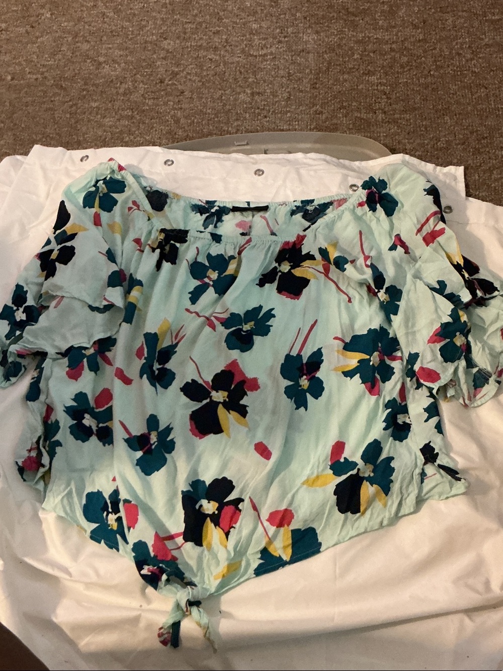 Lane Bryant Mint Aqua Floral Off-Shoulder Tie-Hem Crop Top
